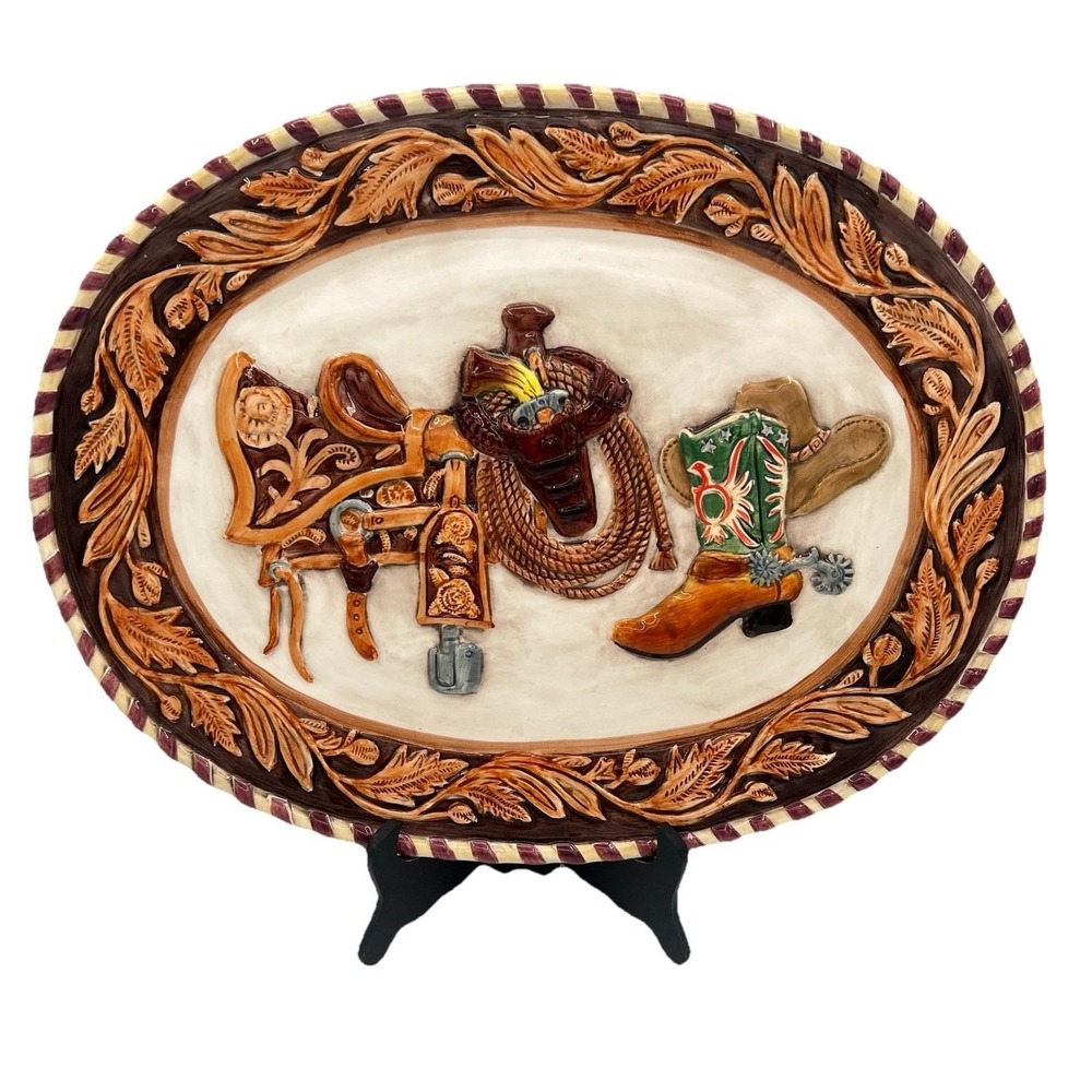 Rustic platter western saddle boot hat oval serving/ Display tray Cowboy